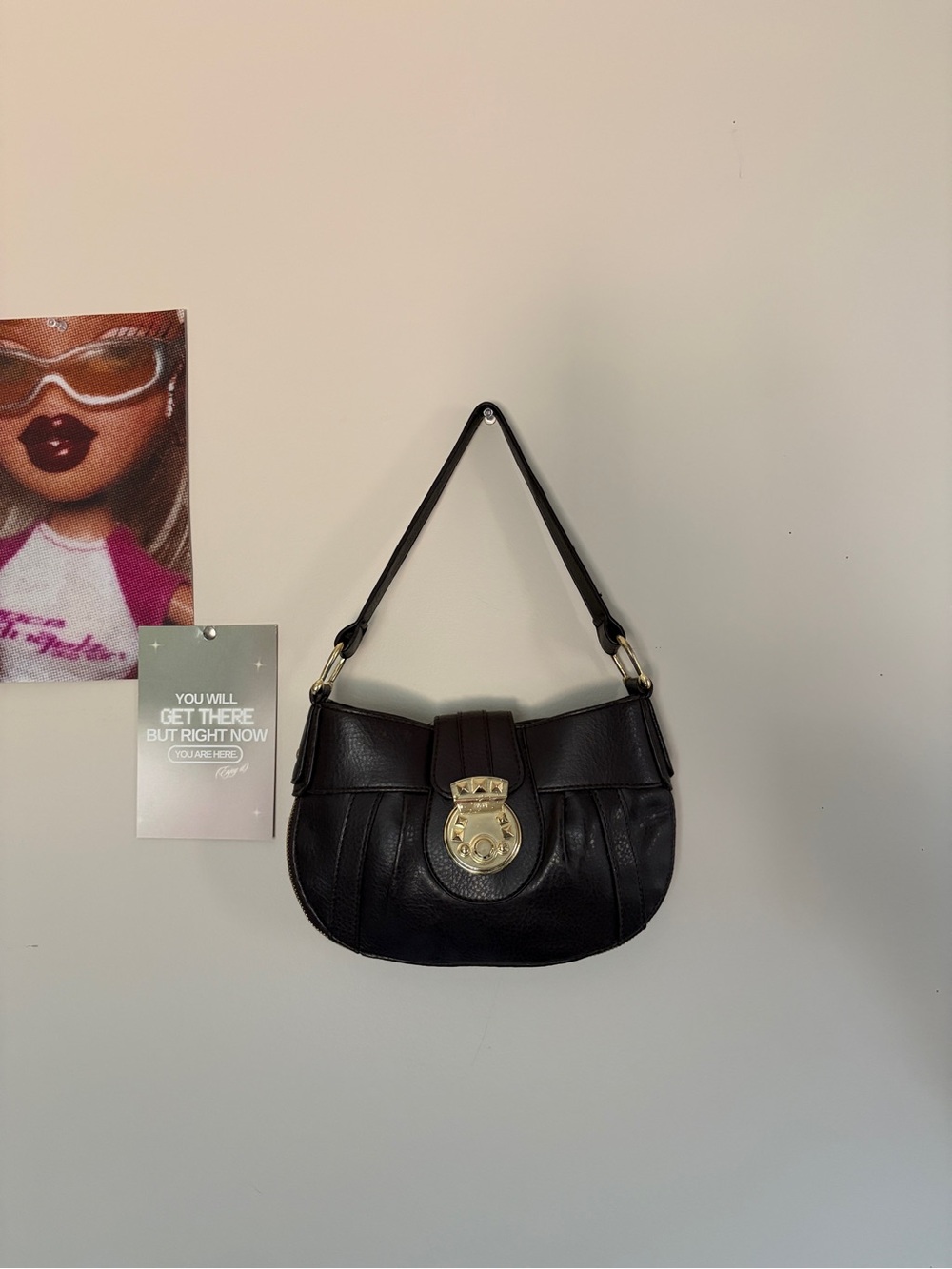 Y2K Brown Faux Leather Request Shoulder Bag Gold Buckle